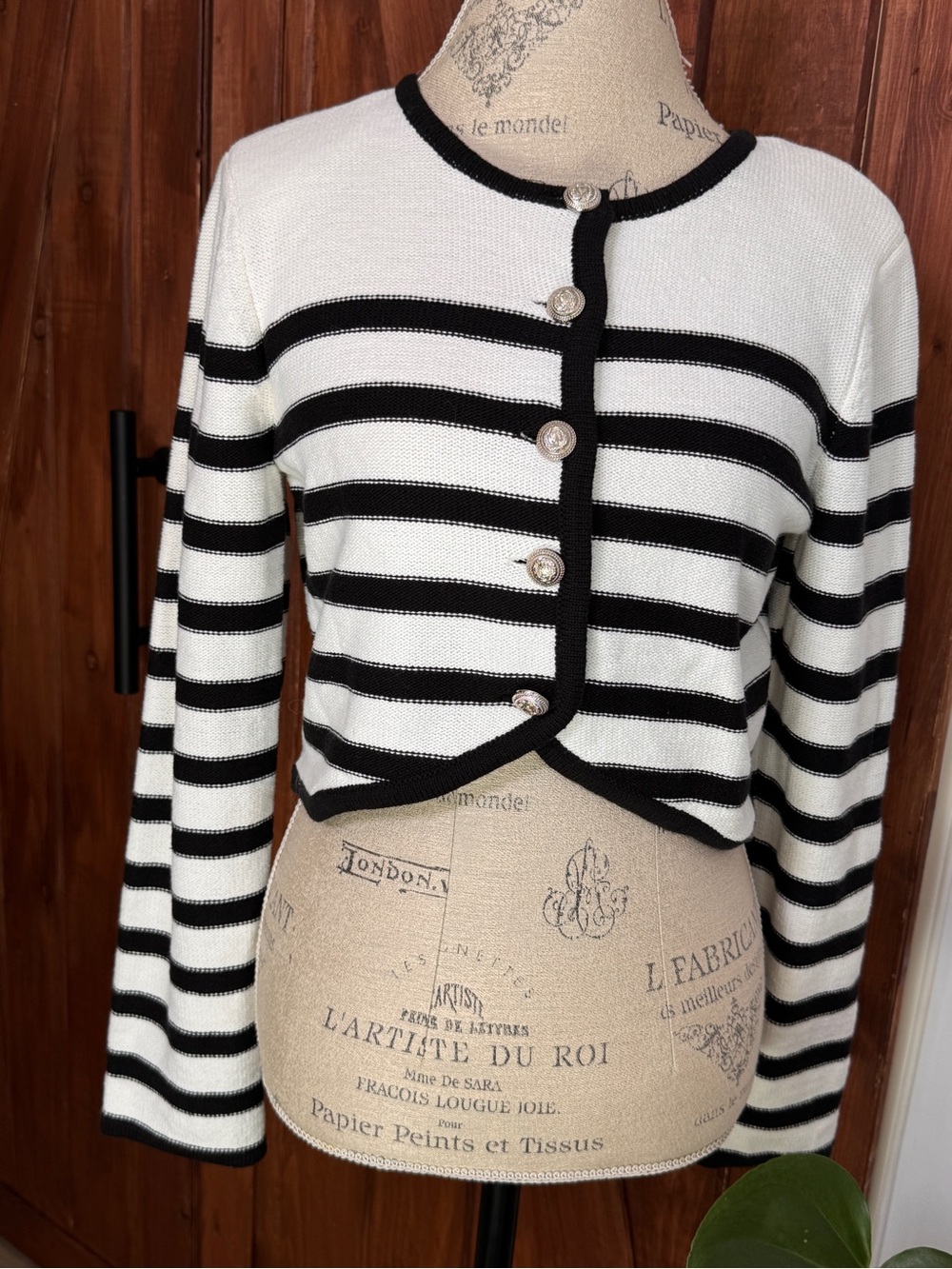 Moon River Black & White Striped Cropped Cardigan with Contrast Trim